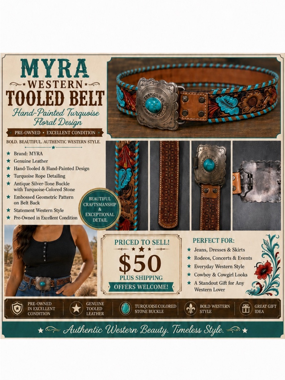 Western Turquoise Brown Tooled Belt by Myra